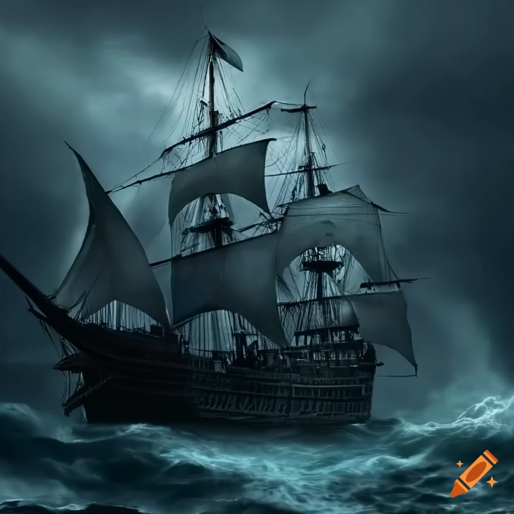 Photorealistic pirate sail ship in a heavy Pacific storm