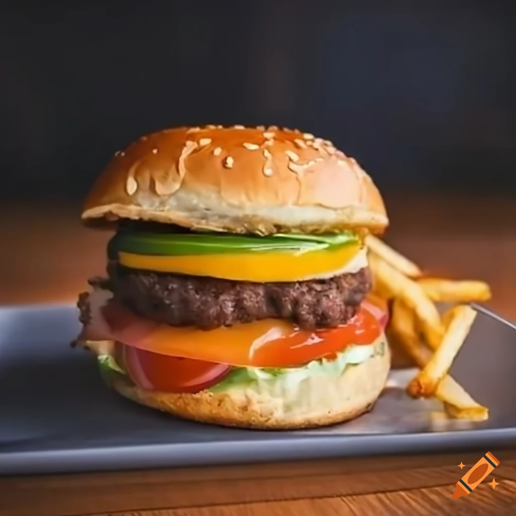 Savory burger with fried egg, lettuce, tomato, and crispy fries