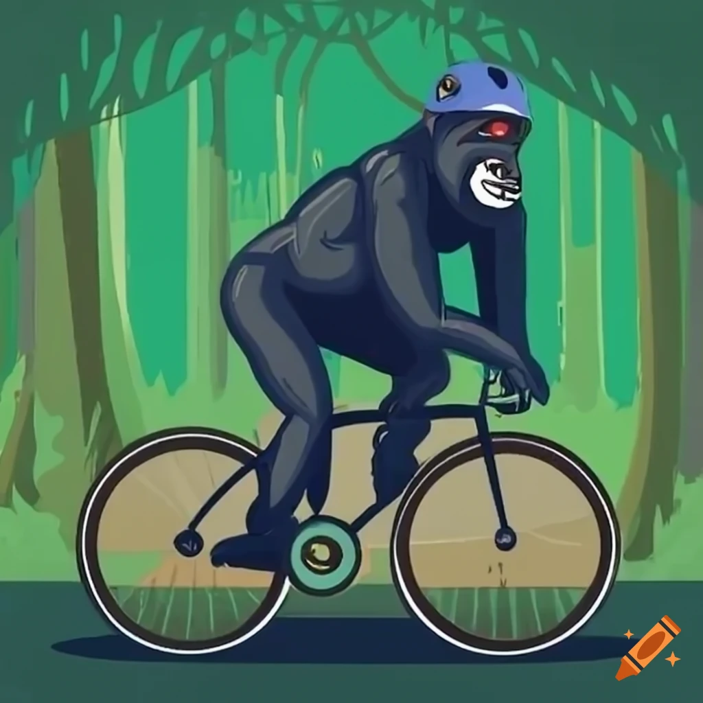 Gorilla with a helmet biking in a forest
