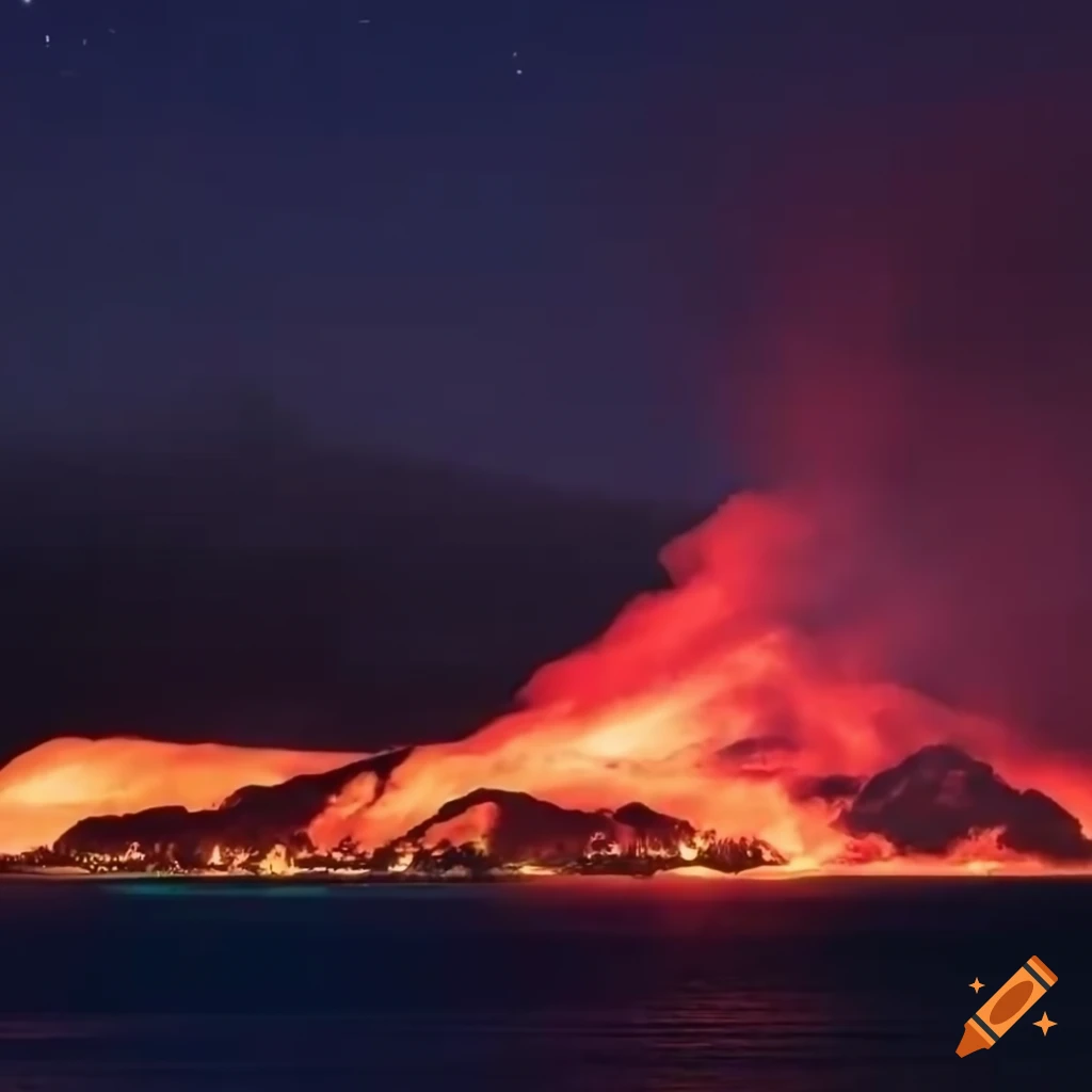 Hilo Hawaii at night with Mauna Loa volcano erupting and red glow reflecting off the ocean water