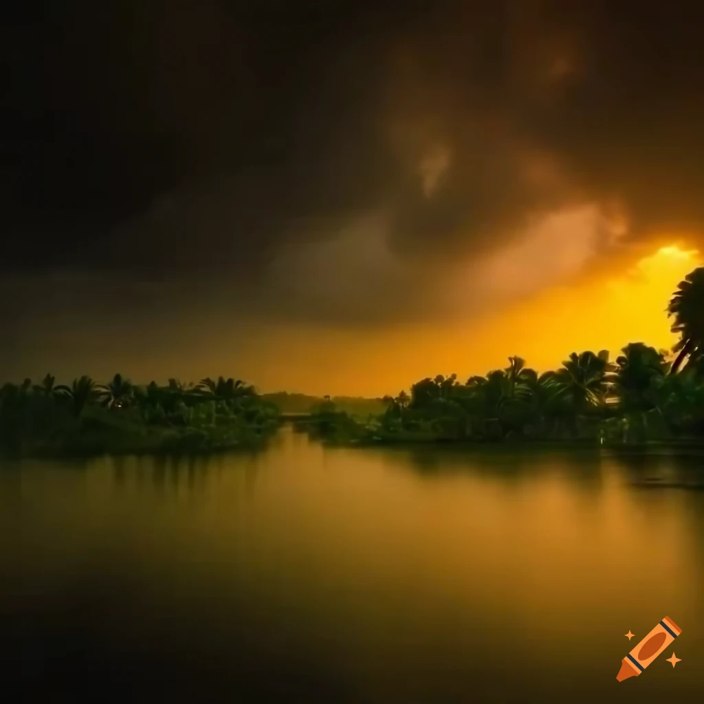 House in Aymenem village in Kerala, India surrounded by lush greenery and river under overcast dusk sky
