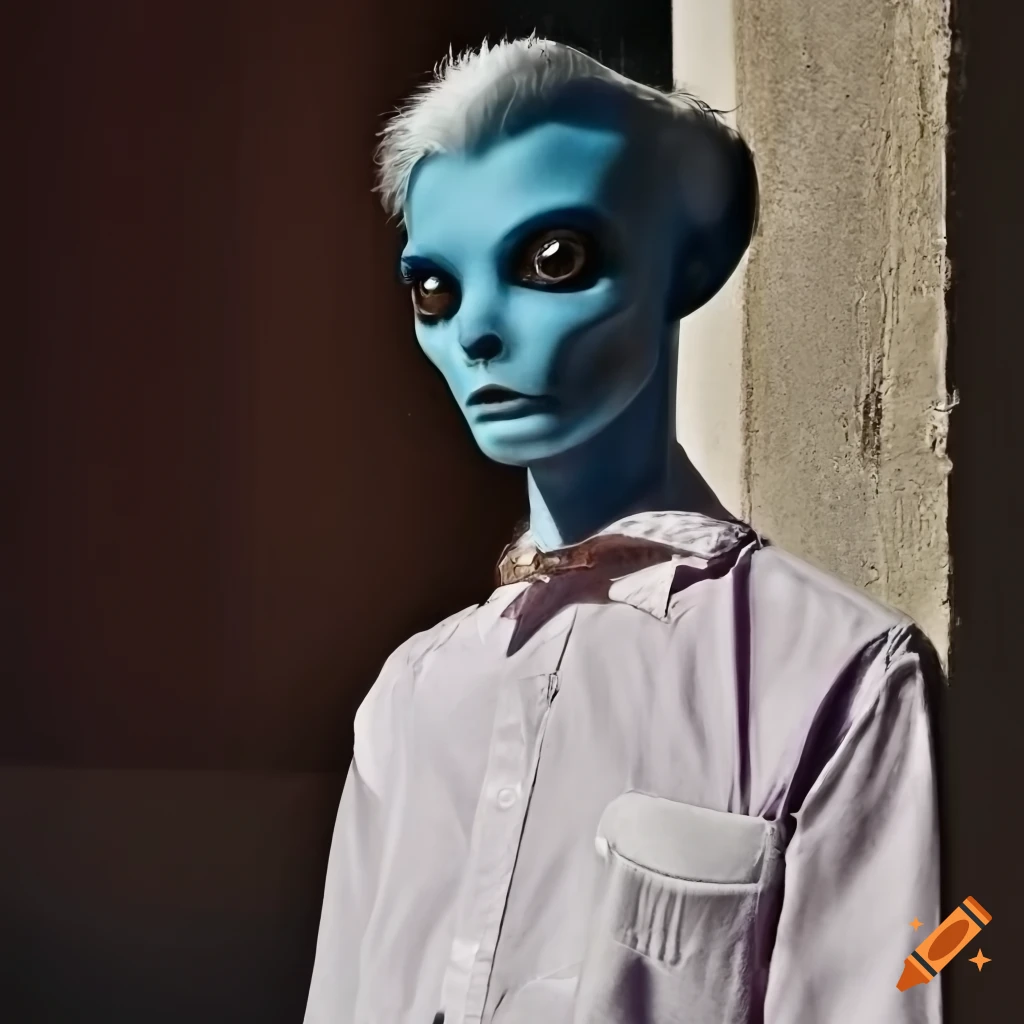 Blue-skinned humanoid alien men with white hair walking past a cafe on a sunny day
