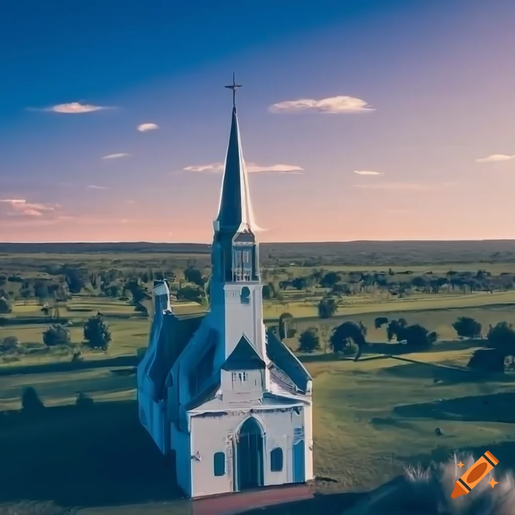 Aerial view of Australian sci-fi village with white houses and a church under a blue sky