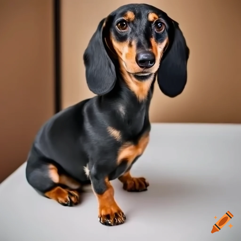 Friendly dachshund sitting on a vet clinic desk