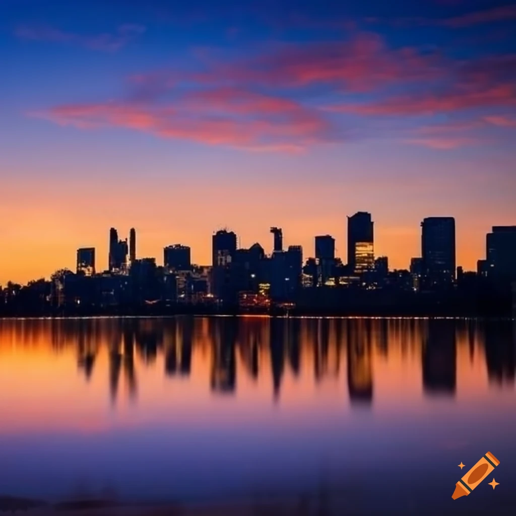 Futuristic Montreal skyline view from water at sunset with trees