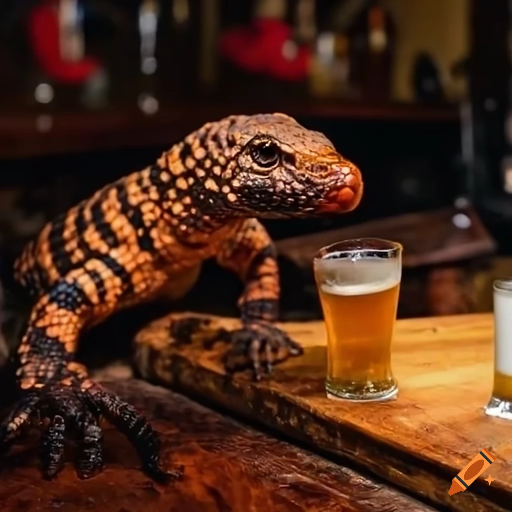 Gila monster and grey alien in an old western bar scene