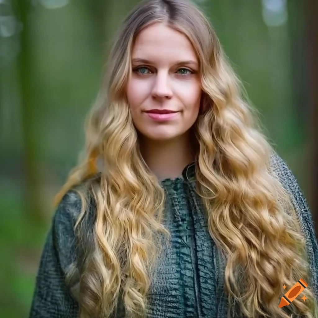 Young woman with long blonde hair and green eyes in a dark forest on ...