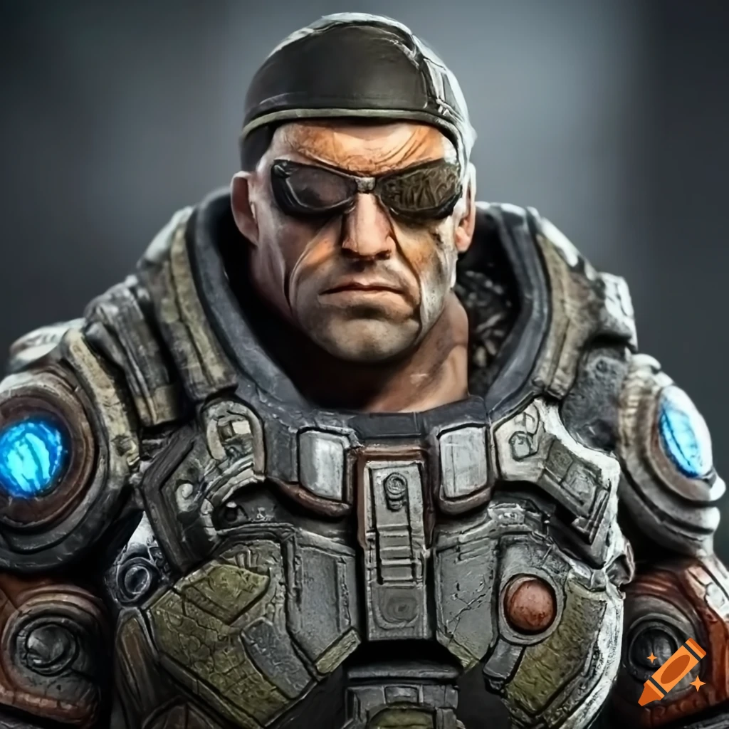 Bust of a soldier from near-future war, gear details, confronting viewer