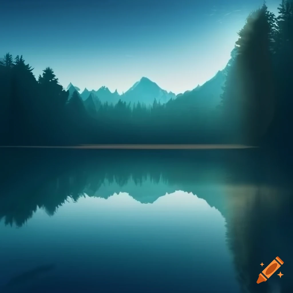 Tranquil water surrounded by trees and mountains during morning time