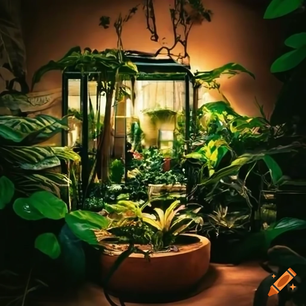 Indoor flowering jungle in a greenhouse conservatory