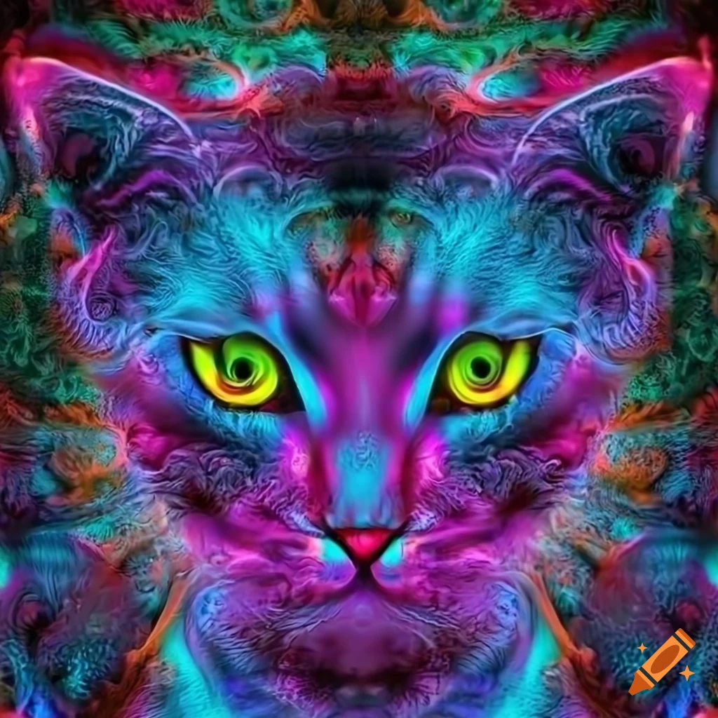 Fractal cat face on neon gradient background