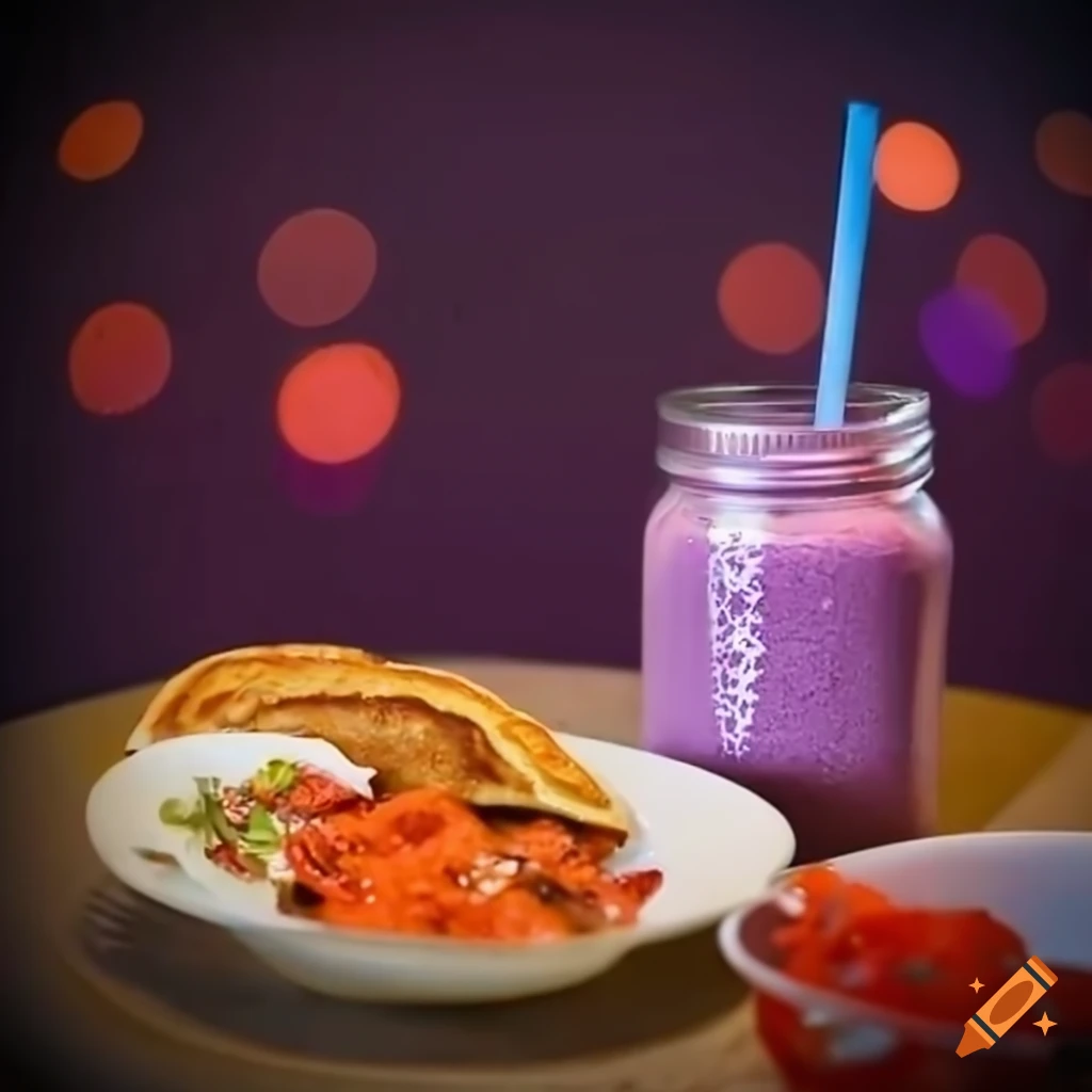 Breakfast featuring a purple smoothie, pancakes, and red chilaquiles in a mason jar