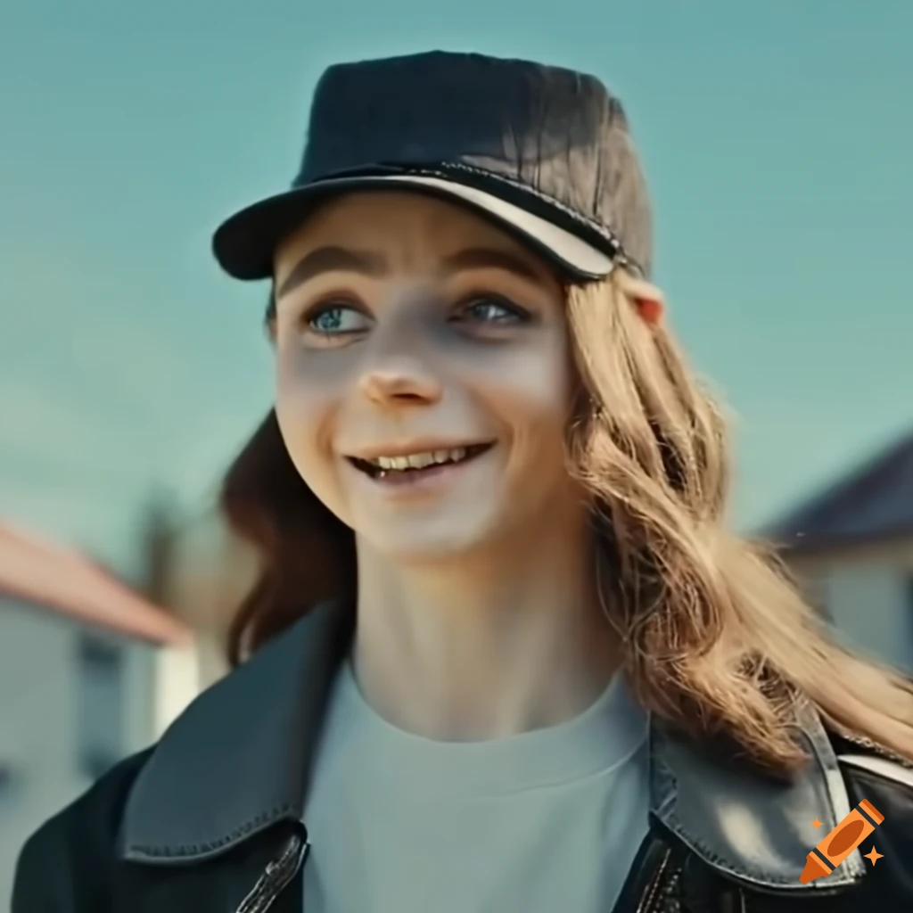 Smiling sci-fi girl in Australian town with white houses and church