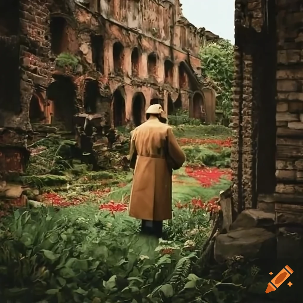 Man in trench coat among ruins and blooming gardens