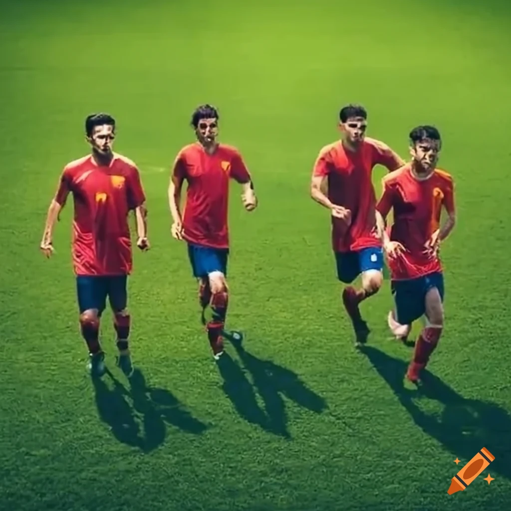 Spanish soccer players passing the ball on a lush green field