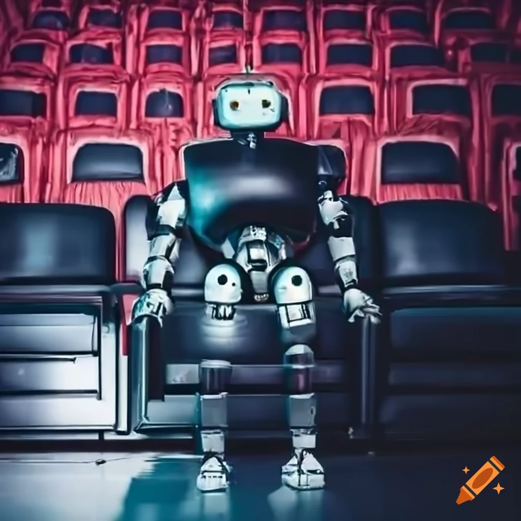 Sci-fi scene of robot and man working in a movie theater