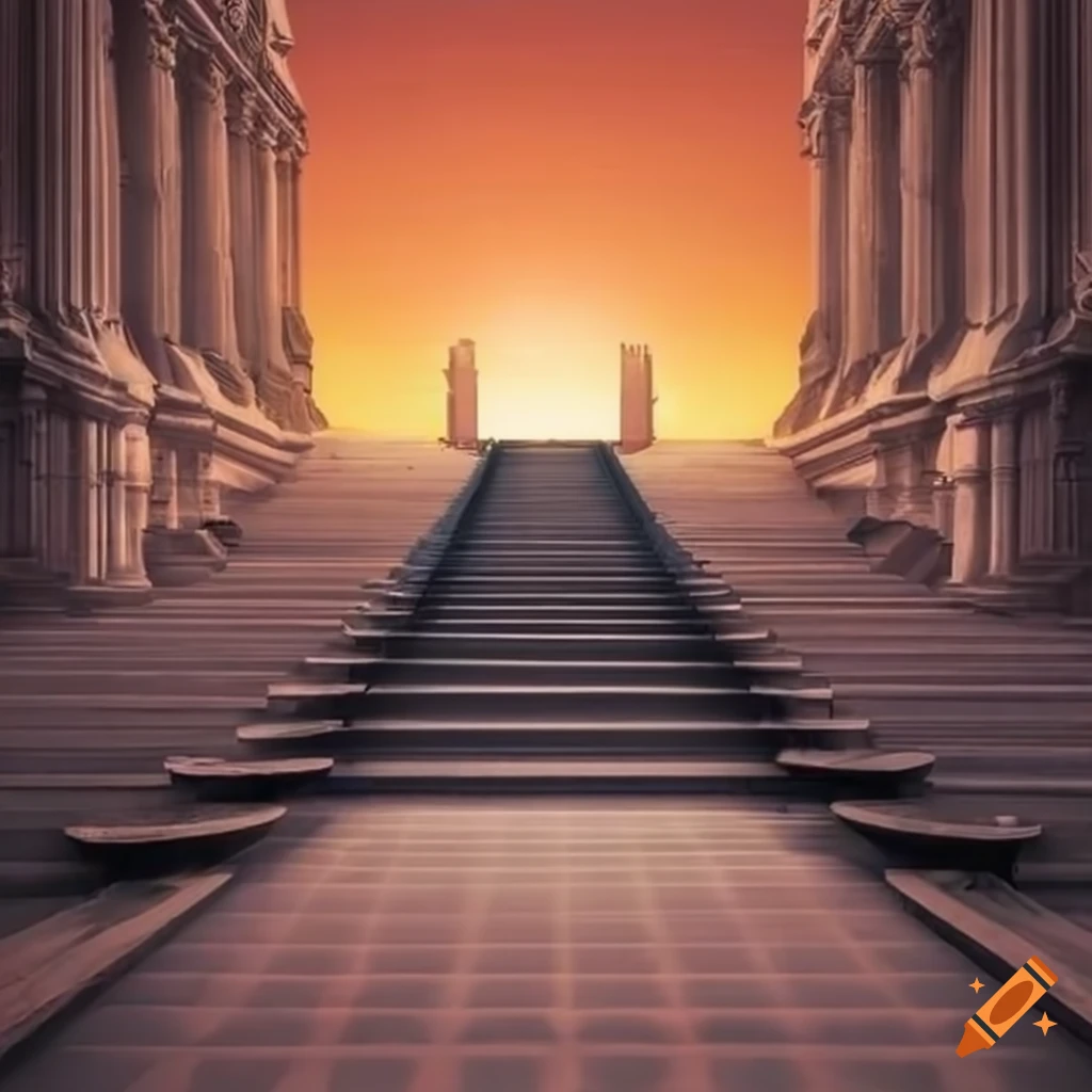 Epic staircase leading to an empty display under a sunrise