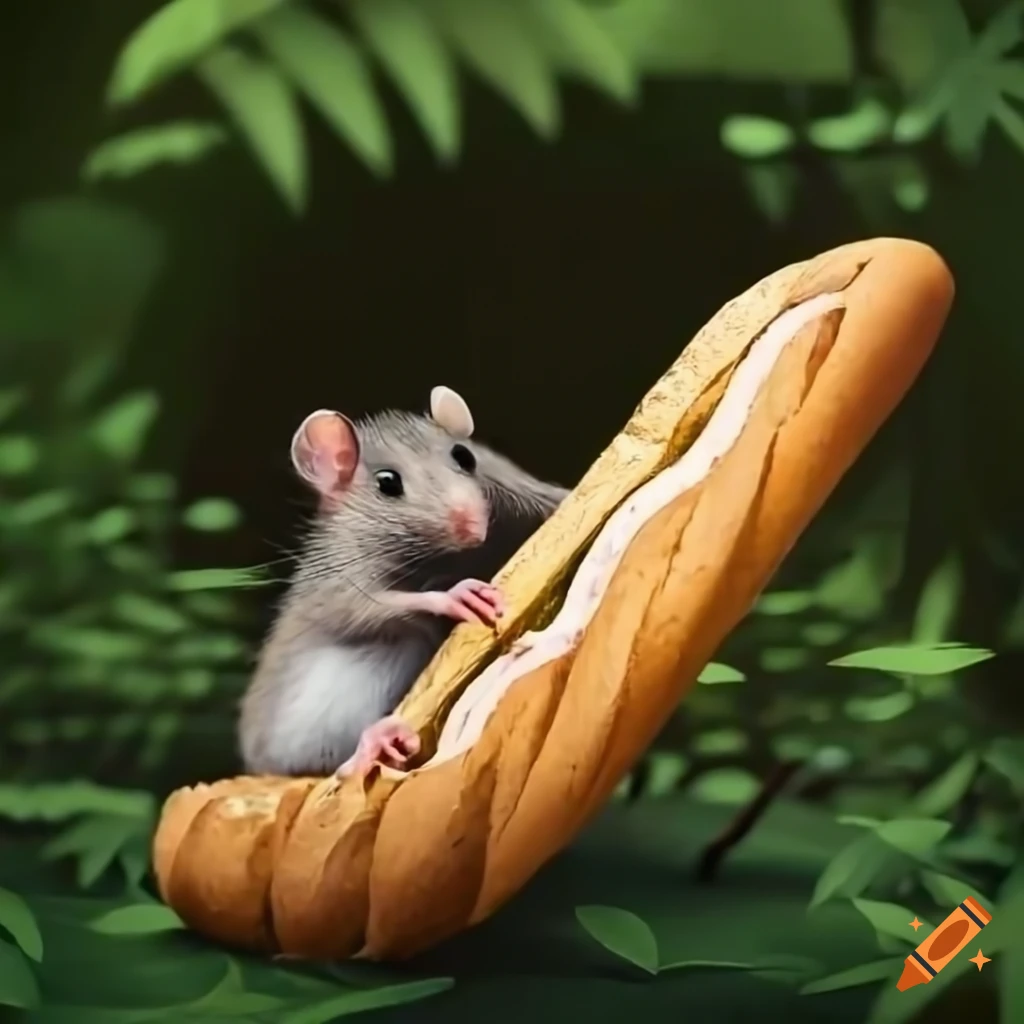 Cute mouse with a giant baguette in lush forest surroundings