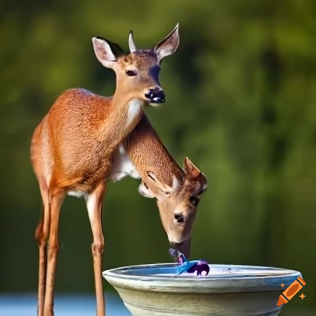 Deer drinking from a birdbath