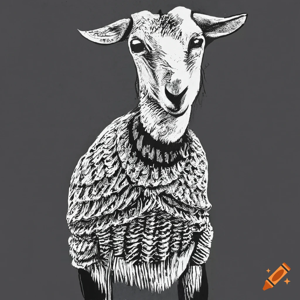 Goat in a knit sweater depicted in black and white linocut art