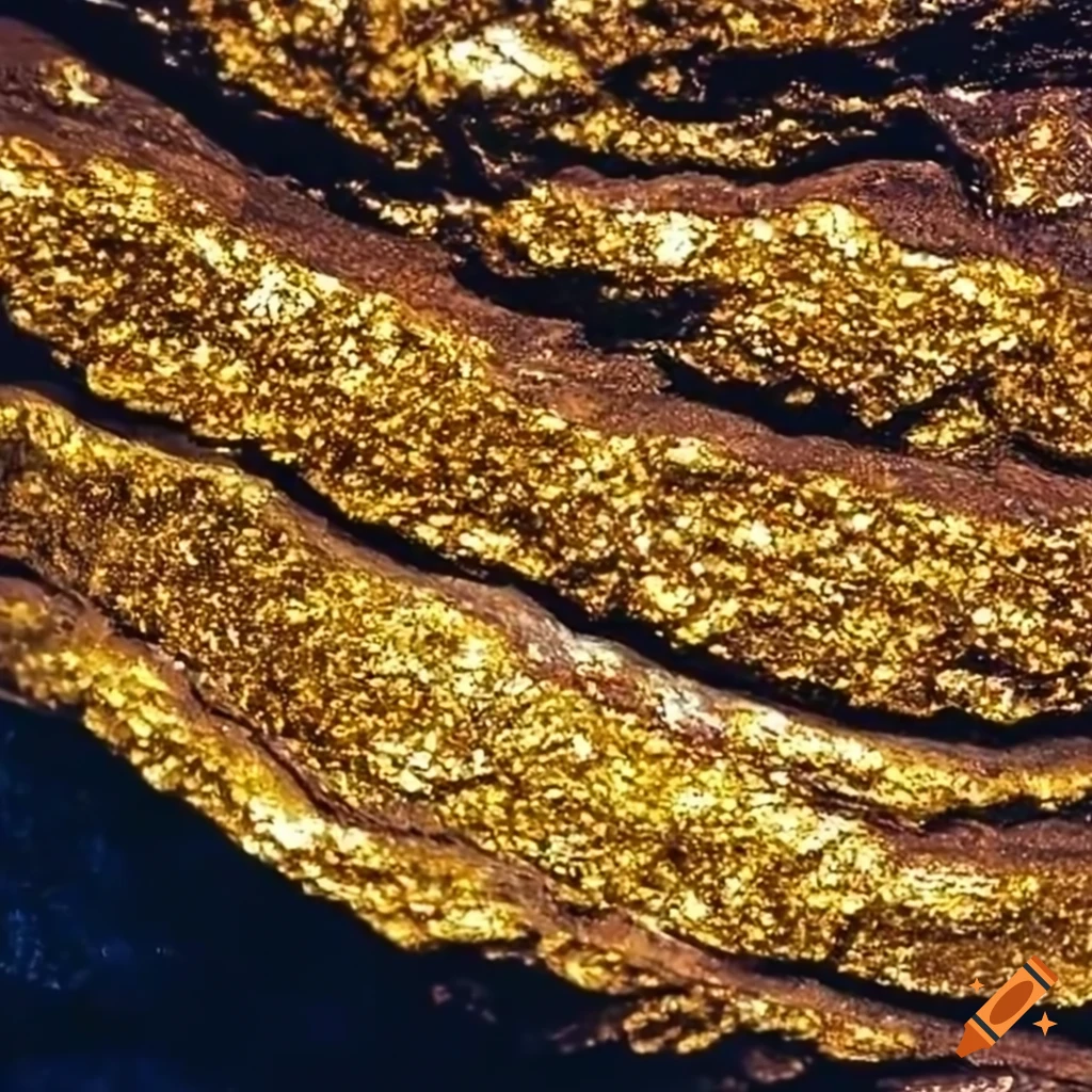 Glittering gold veins in a geological rock formation