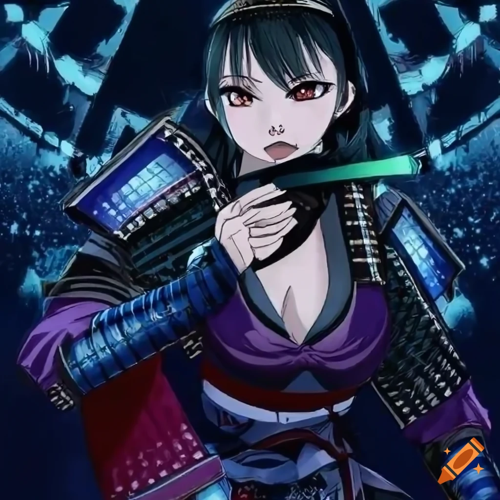 Female samurai warrior laughing under the moonlight in a horror manga style scene