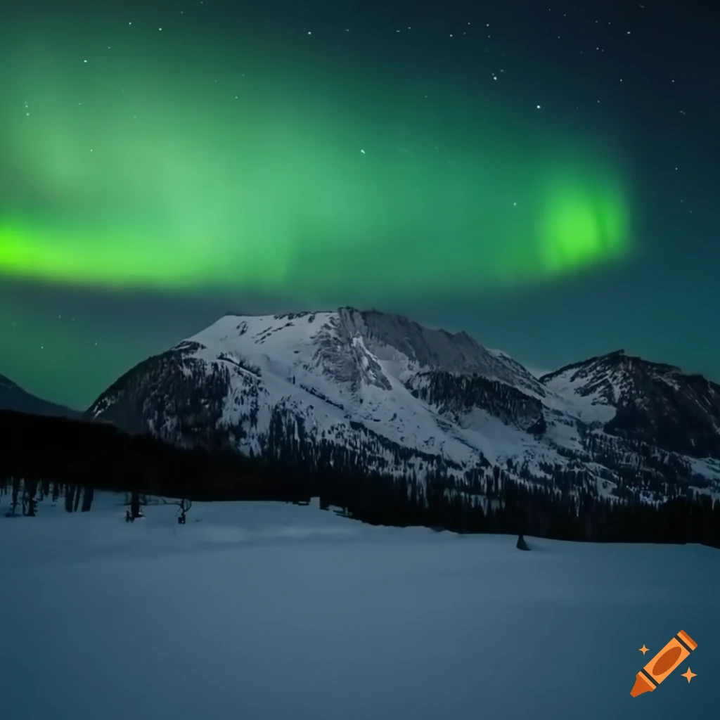 Northern lights in the sky over snowy mountains