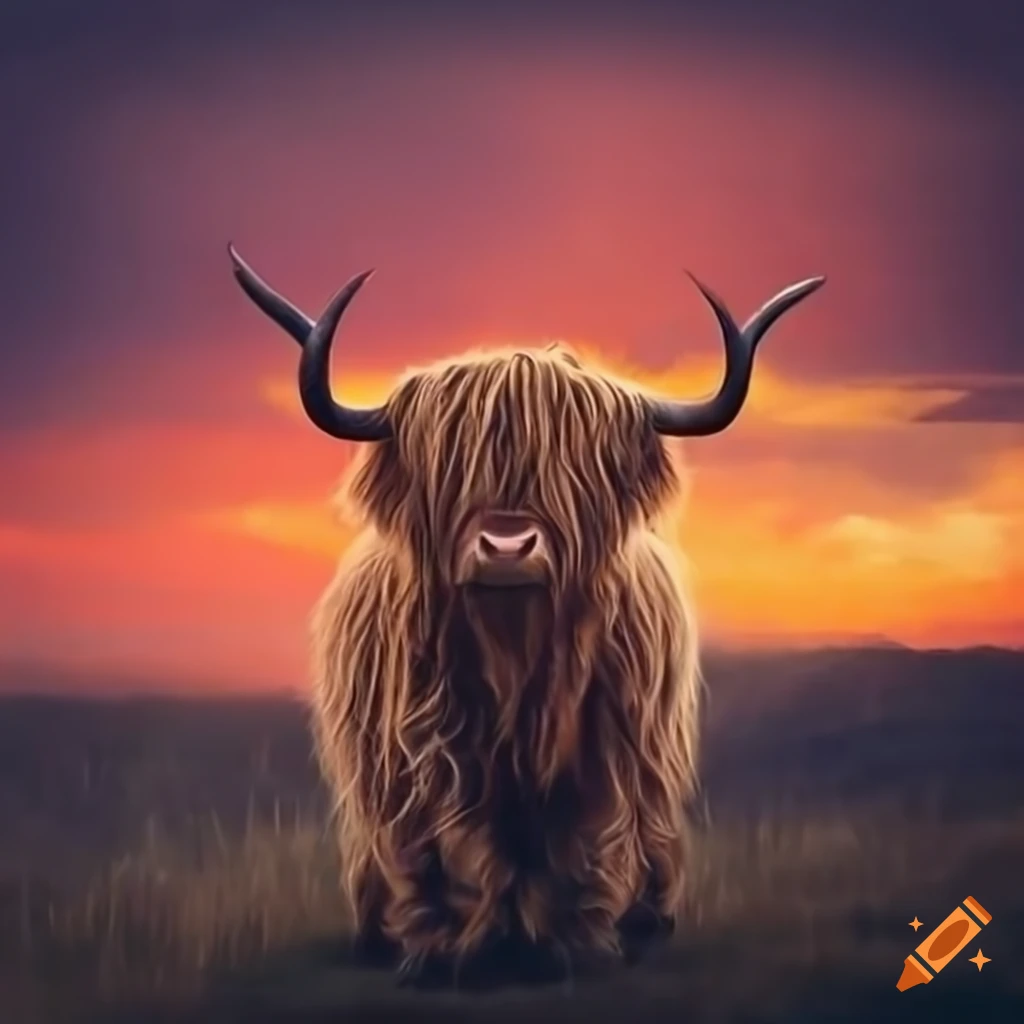 Majestic Highland cow in front of dramatic sunset