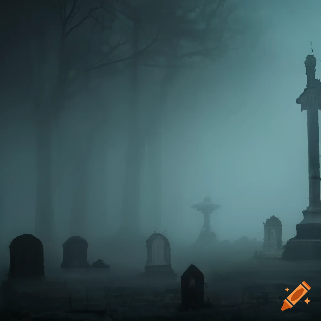 Spooky graveyard in heavy fog with death and a scythe