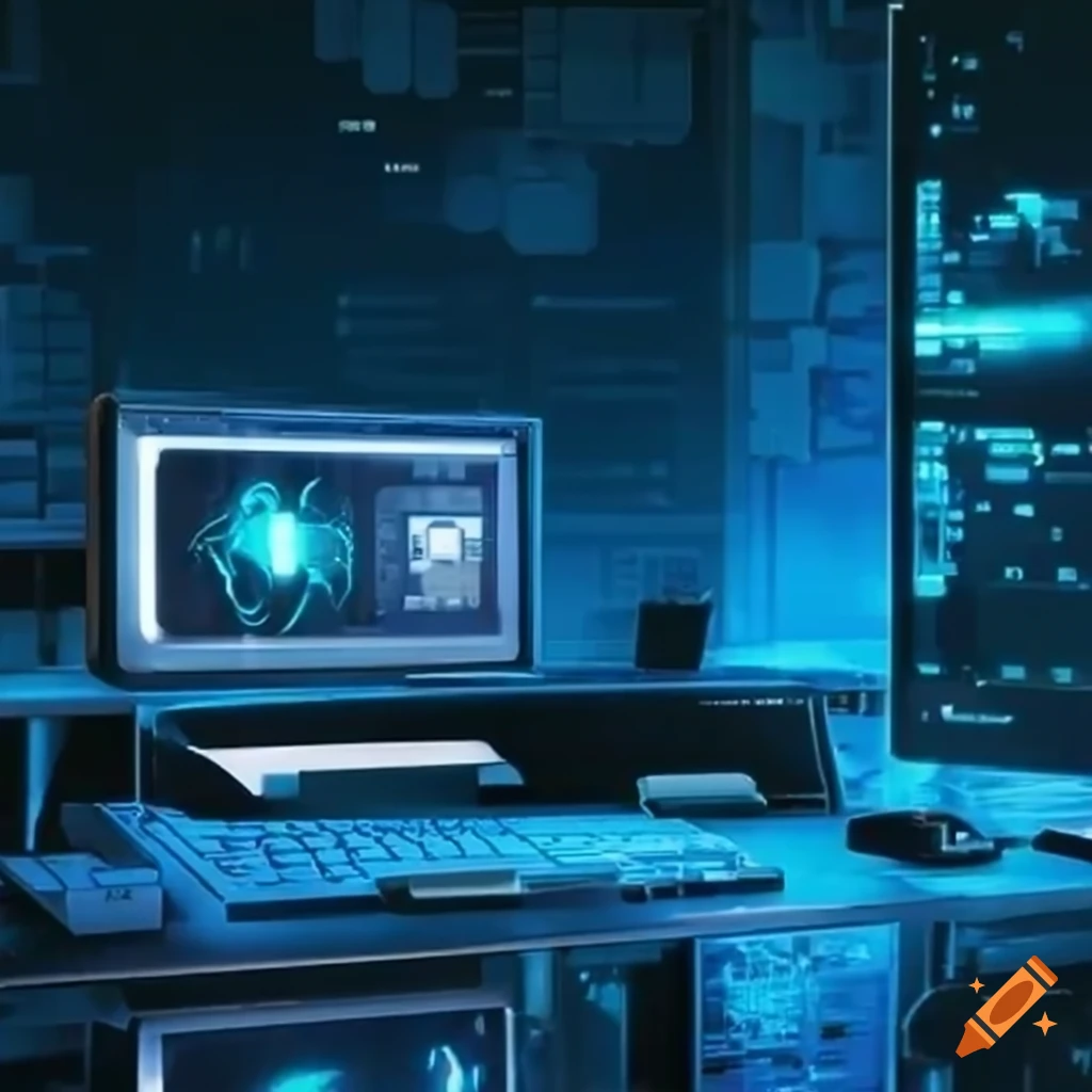 High-tech workspace with coding keyboards and futuristic monitors displaying algorithms