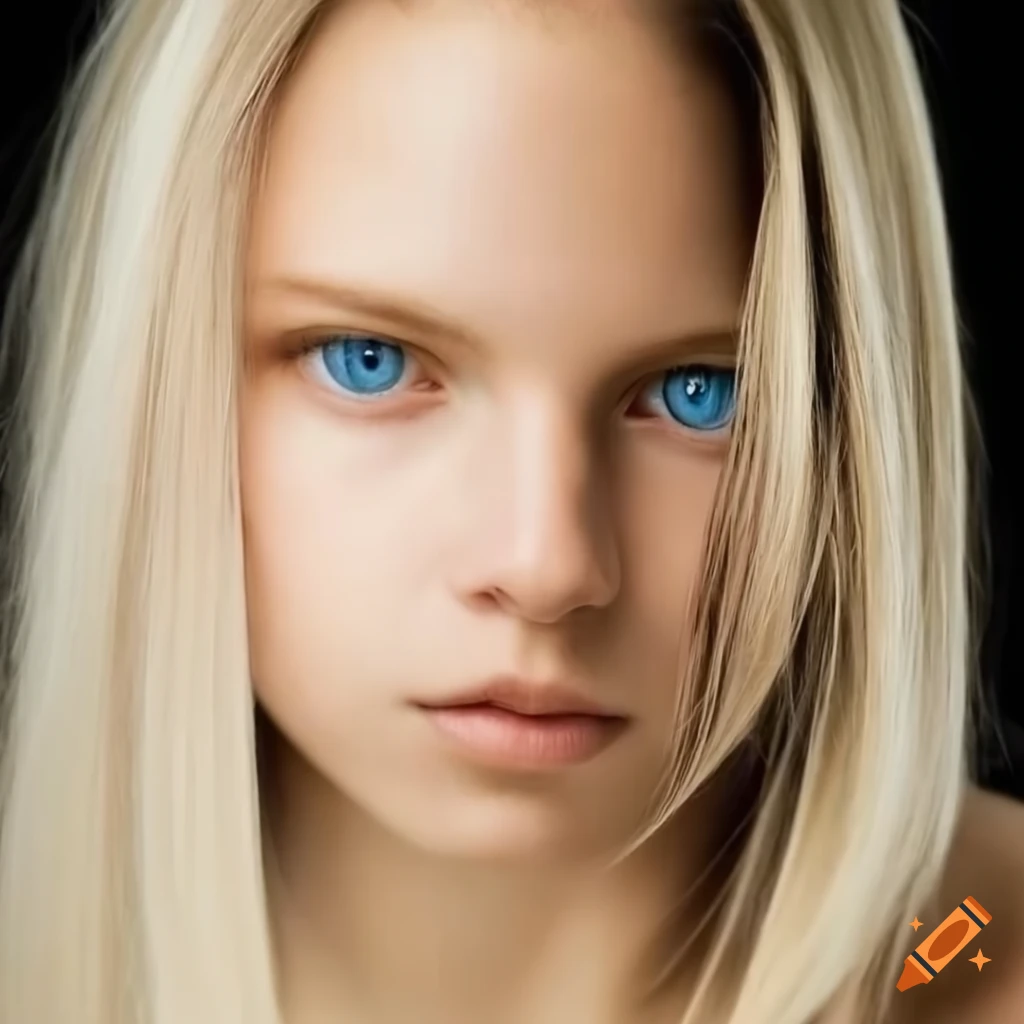 Blonde woman with long straight hair and blue eyes, standing tall with slim athletic build