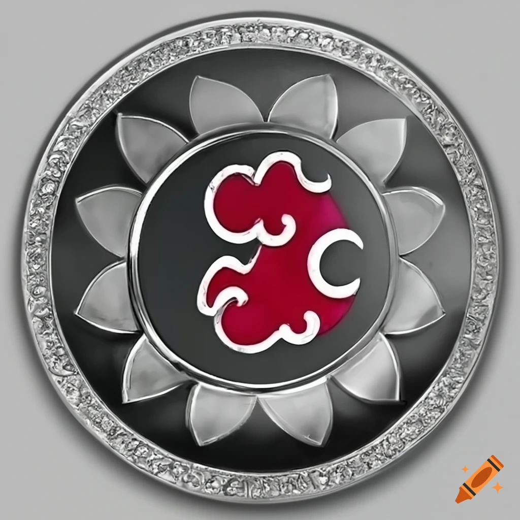 Emblem with polished silver and onyx, featuring inlaid ruby Akatsuki cloud