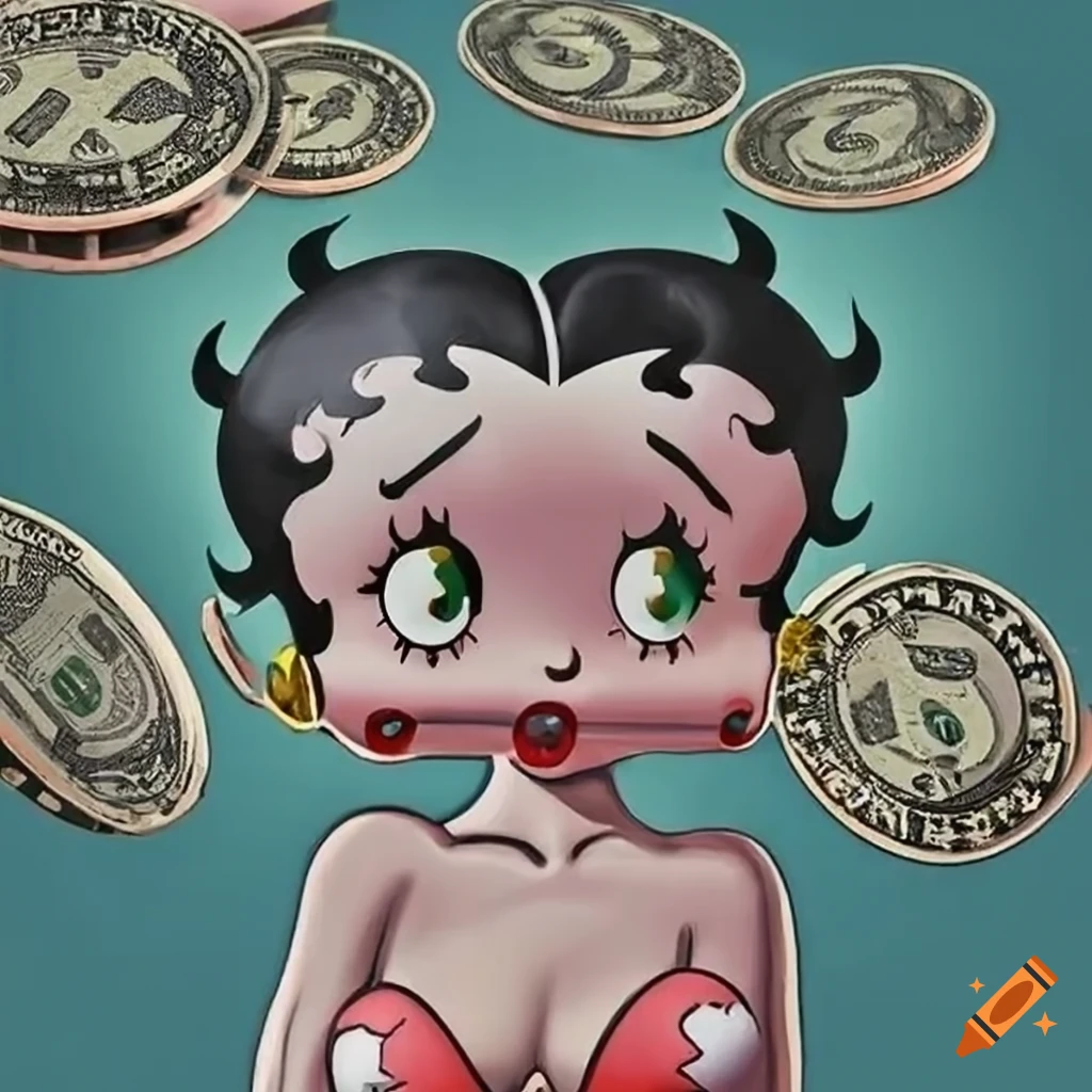 Betty Boop head with sweat and cryptocurrency symbols