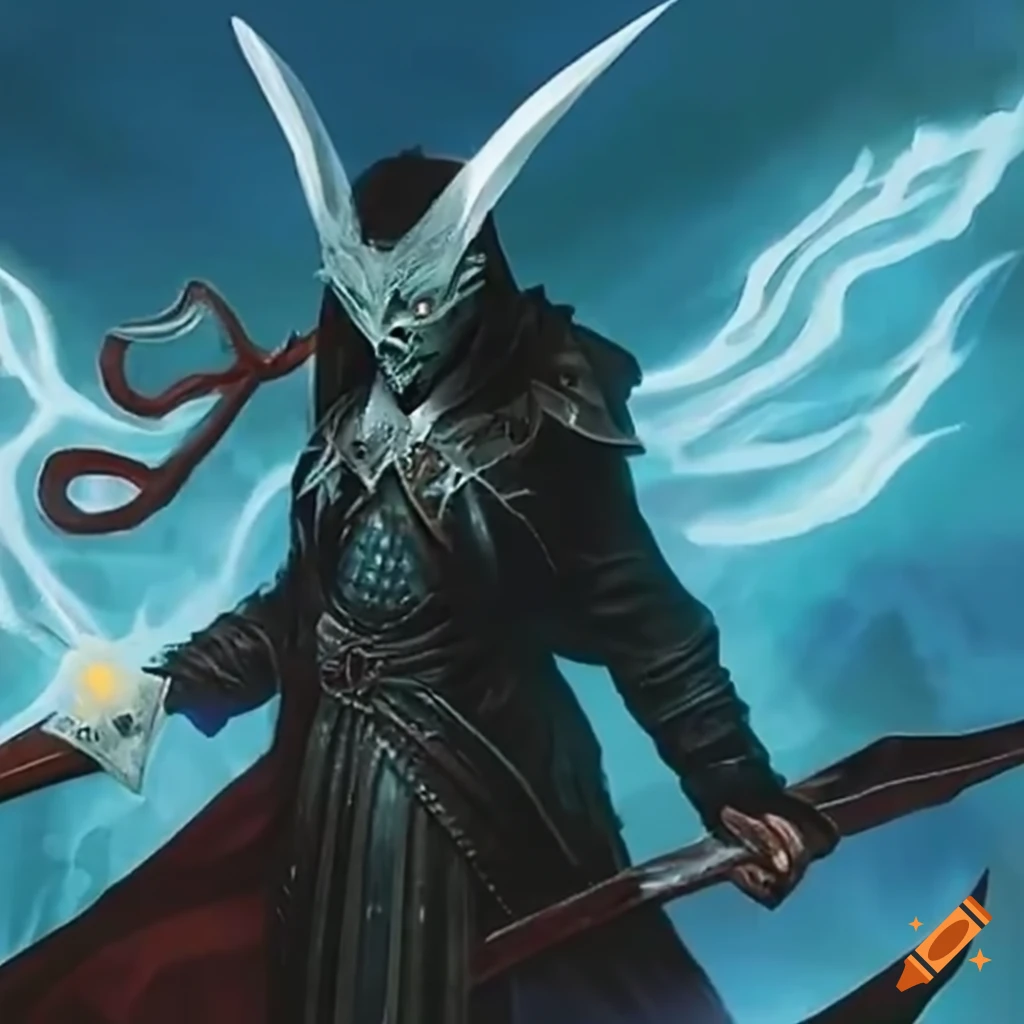 Spirit reaper wearing silver mask with laser eyes, shadow flying body in Magic: The Gathering style