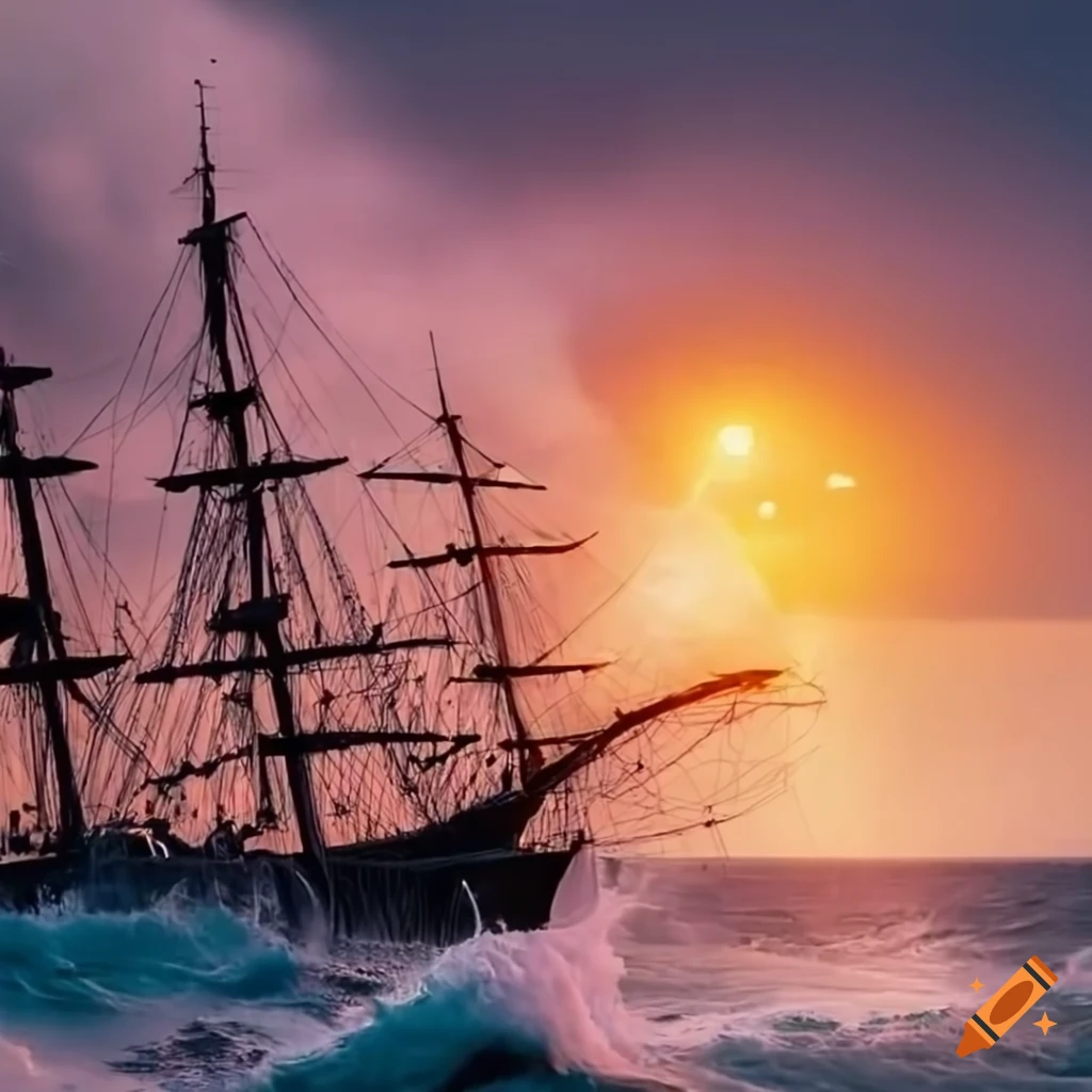 Sailing ship tossed in stormy seas at sunset with dramatic clouds and a ...