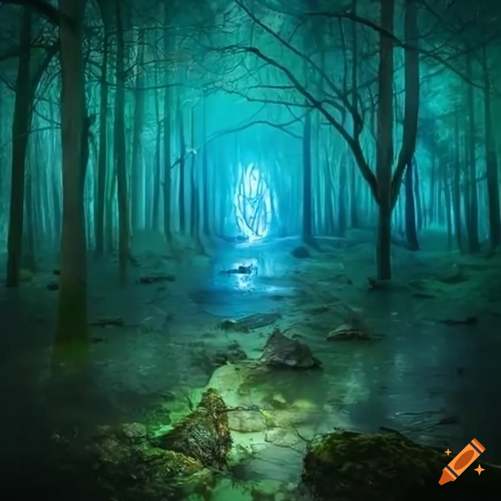 Enchanted forest with glowing water and animals at the center