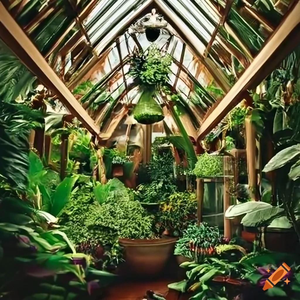 Indoor flowering jungle in a greenhouse conservatory