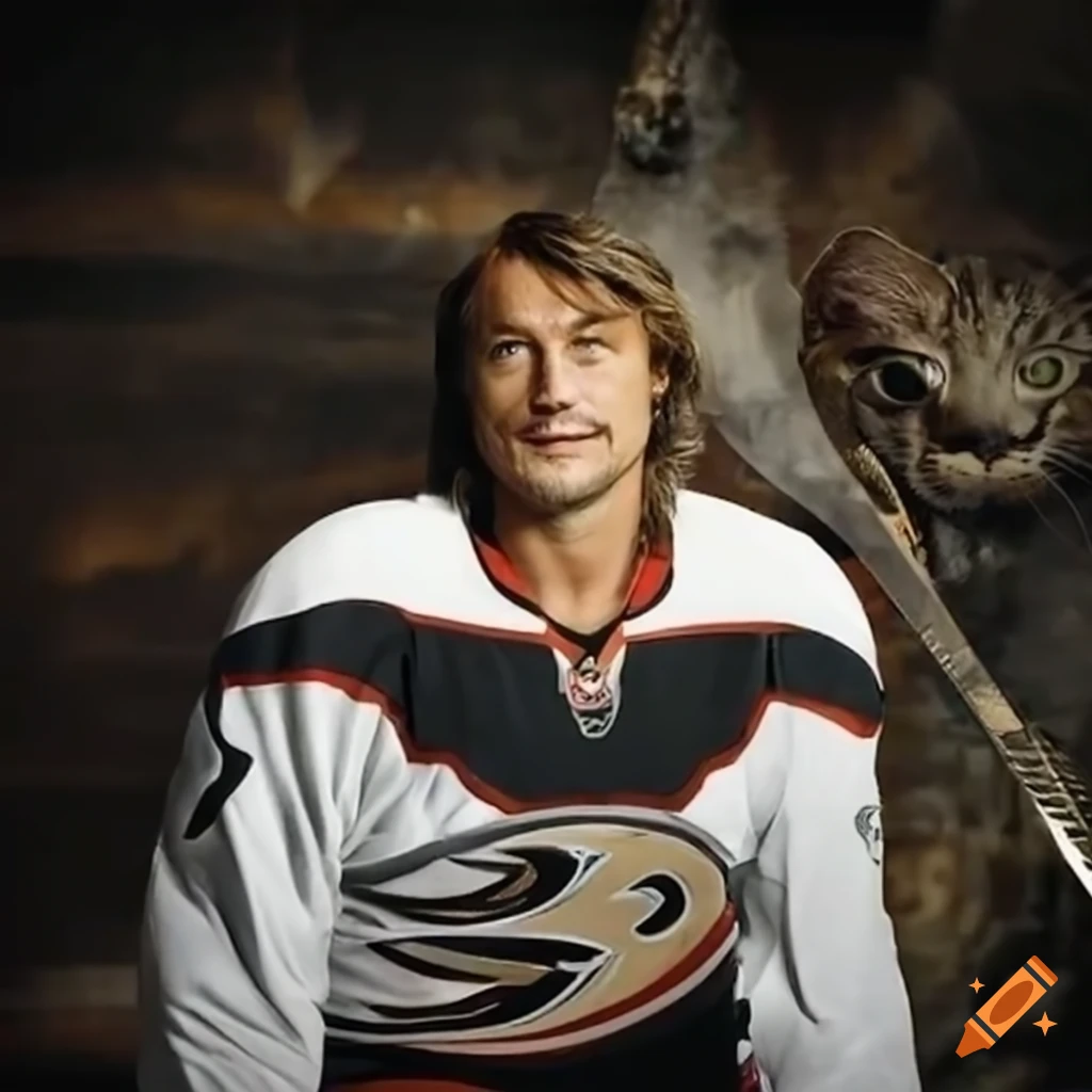 Confident feline resembling ice hockey legend Teemu Selänne