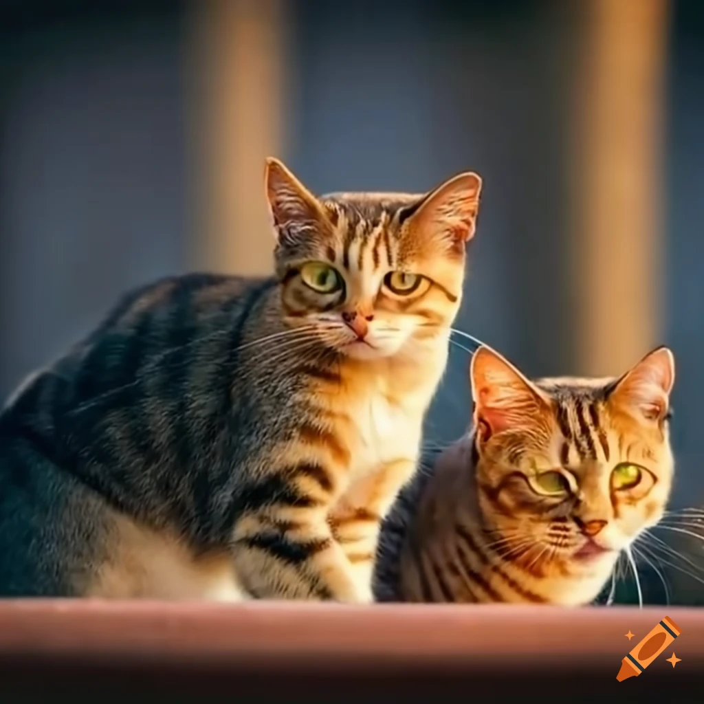Two cats sitting on a bridge railing facing each other