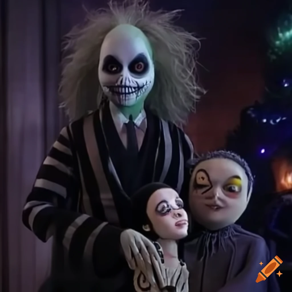 Mix of addams family, beetlejuice, nightmare before christmas characters on Craiyon