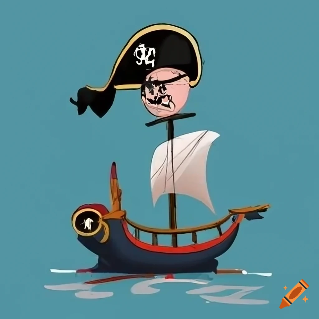 Doodle of a pirate riding a sailboat with pirate hat and eyepatch