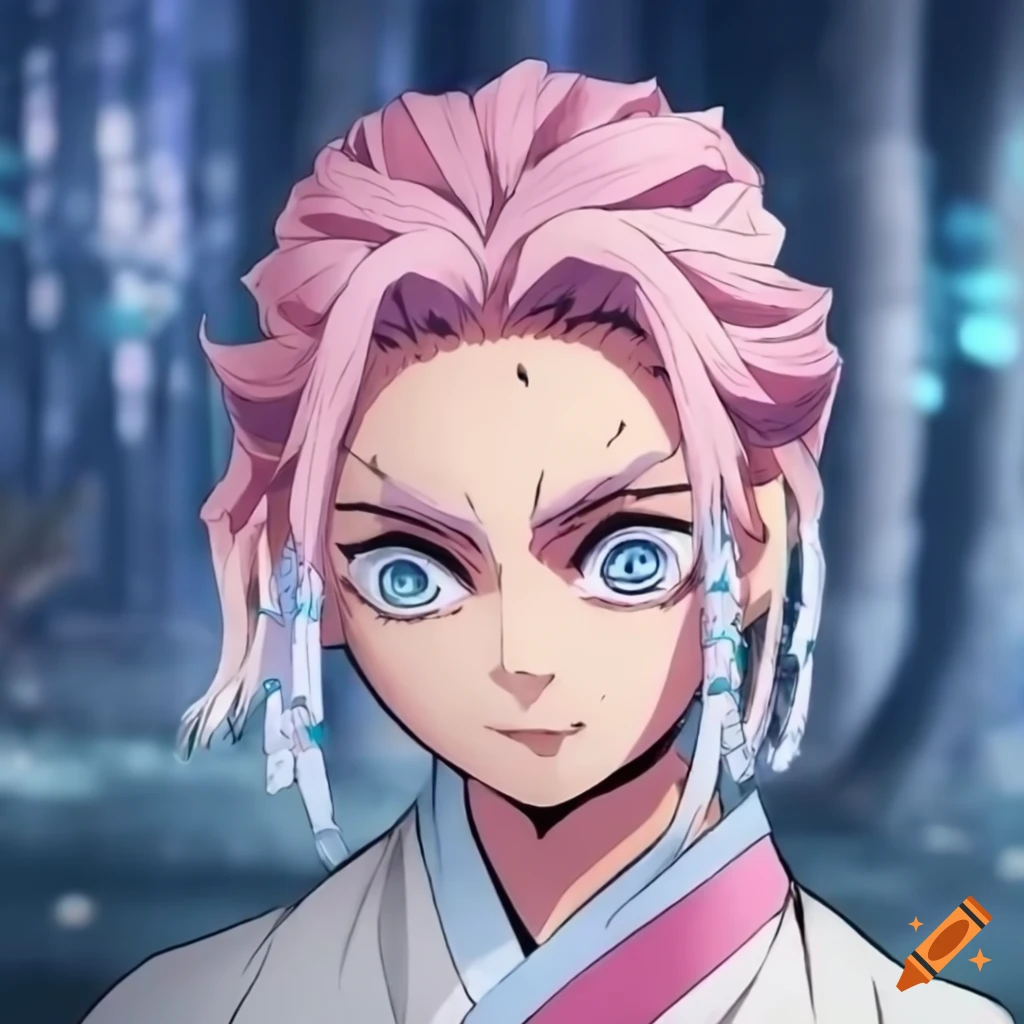 Striking demon slayer character in star-patterned haori with white hair and pink tips in a ponytail