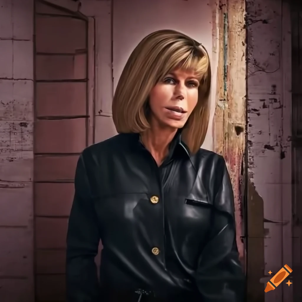 Young woman in plaid shirt and black leather trousers peeking through derelict building door