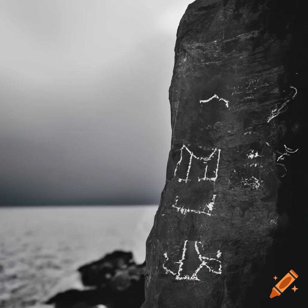 Ancient rock with mysterious glyphs in a stormy landscape with lightning
