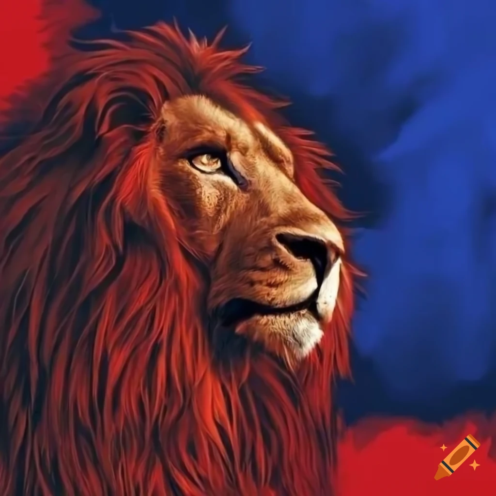 Leão rugindo em tons de vermelho grená e azul marinho
