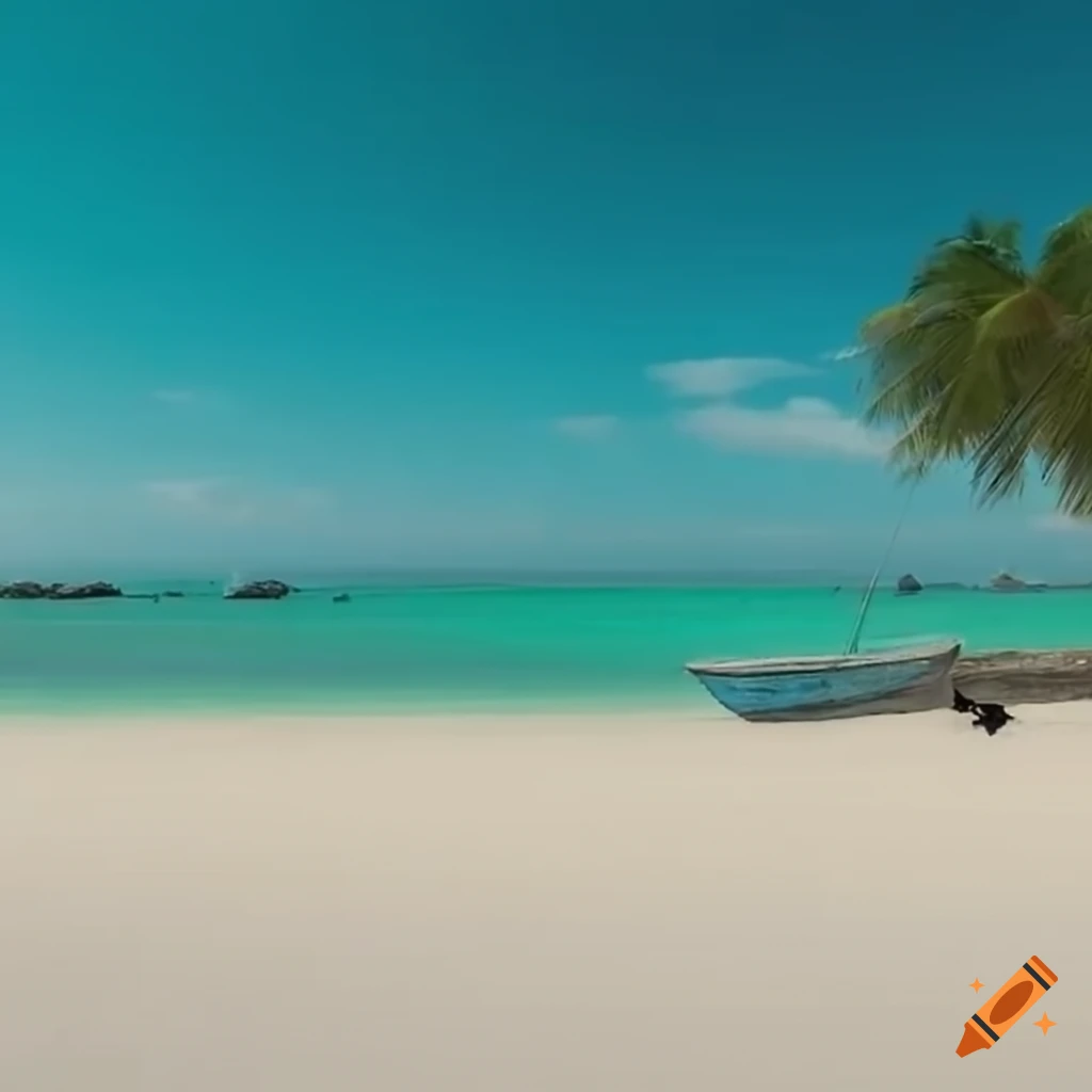 Deserted island with palm trees and a wrecked boat on the beach
