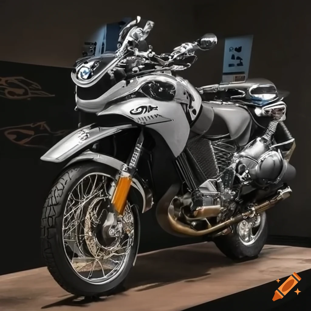 BMW R 1300 GS motorcycle booth display with digital screen