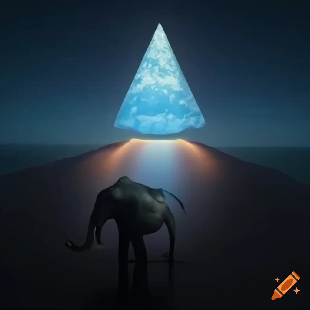 Lonely elephant on a deserted sea with a virtual pyramid at dusk