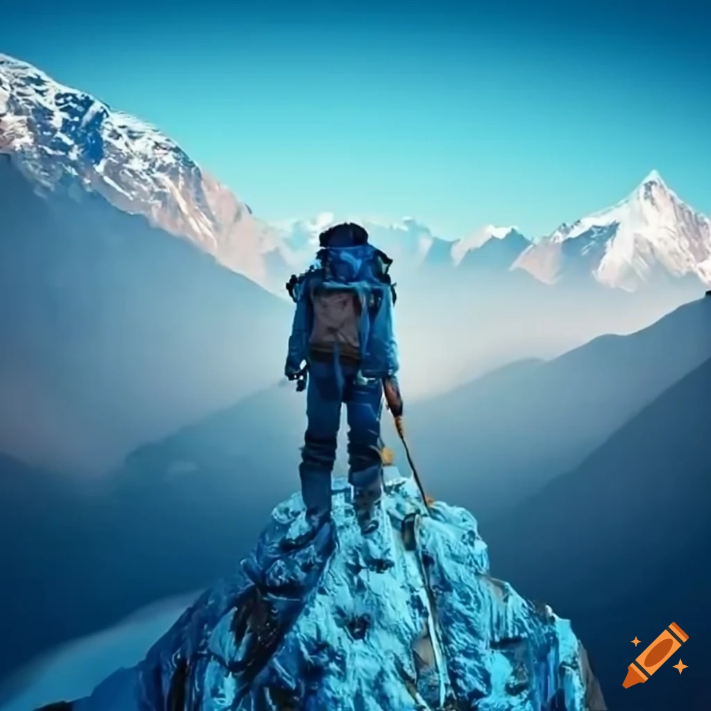 Man climbing the Himalayan mountains with harness