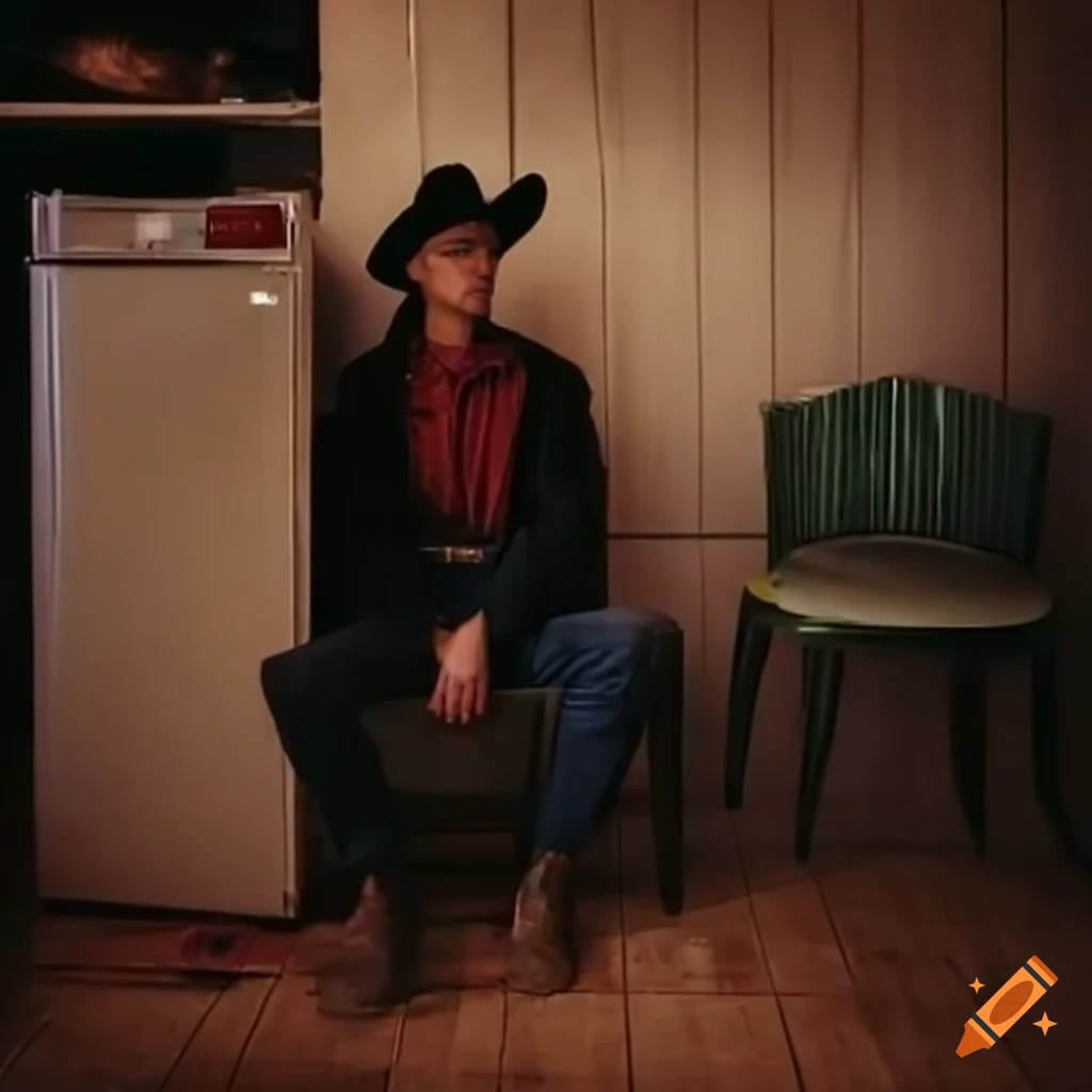Sad cowboy staring at an empty fridge in a lunch room